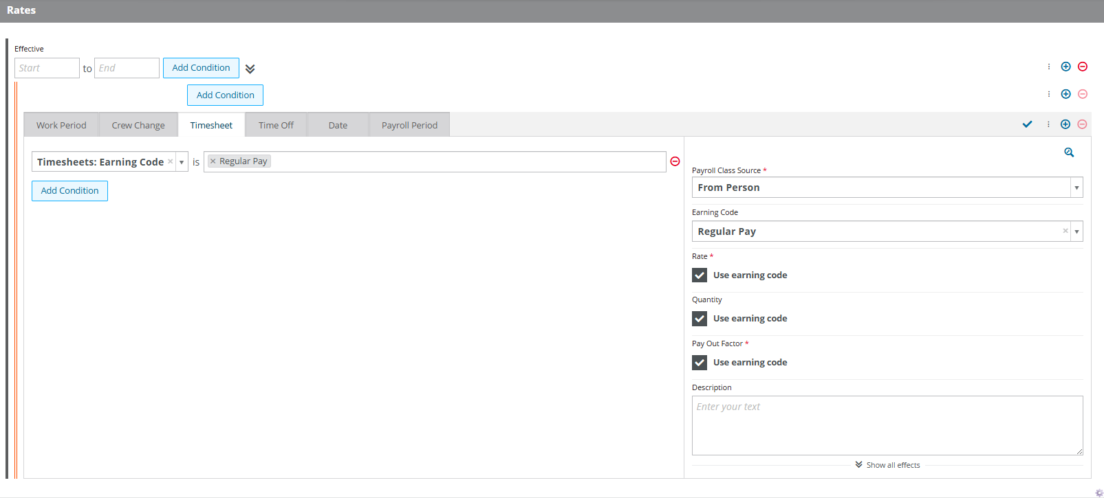 A base pay rate rule for timesheet entries with all three Use earning code checkboxes selected