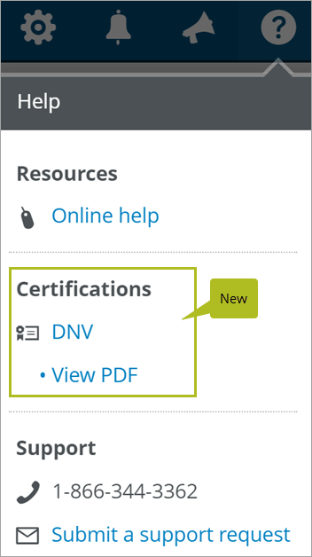 The Certifications section in the Help menu.