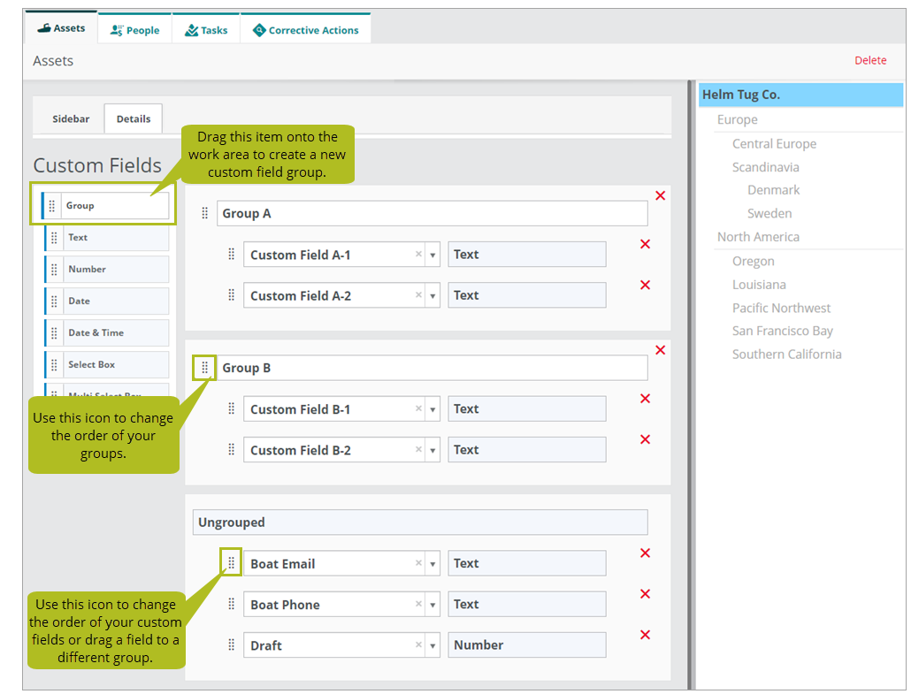 The Assets Details tab under Field Configurations, where you add and group custom fields.