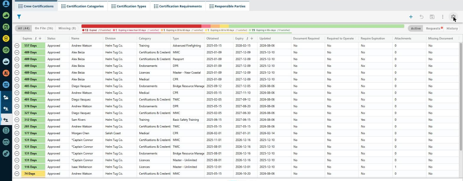 The Crew Certifications tab listing individual crew members and the status of their certifications.