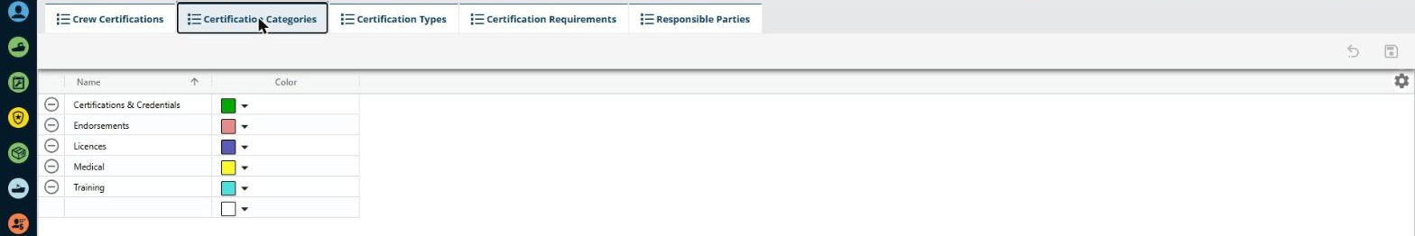 The Certification Categories tab showing color-coded category groupings.
