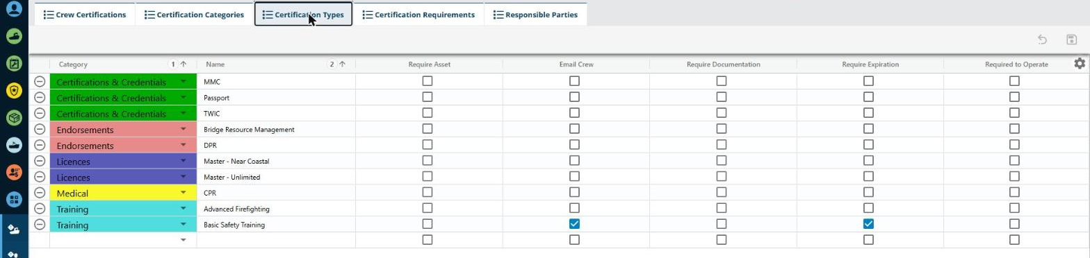 The Certification Types tab listing the certification types crew can hold.