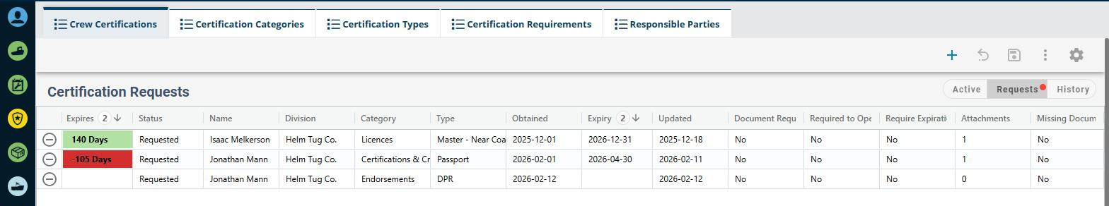 The Crew Certifications tab in the Requests view, with a red dot on the Requests button and pending requests listed.
