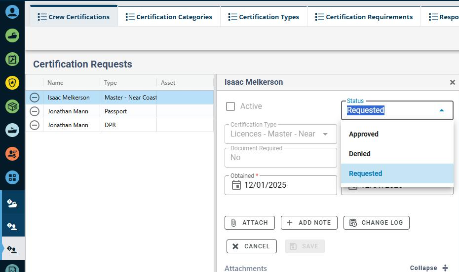 A certification request open in the side panel with the Status list showing the Approved and Denied options.