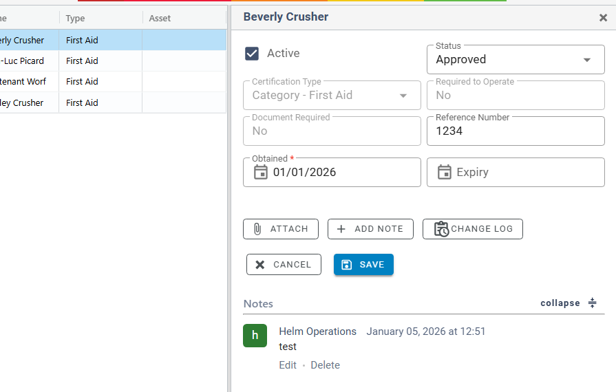 The certification side panel in edit mode, with the editable fields and the Save and Cancel buttons.