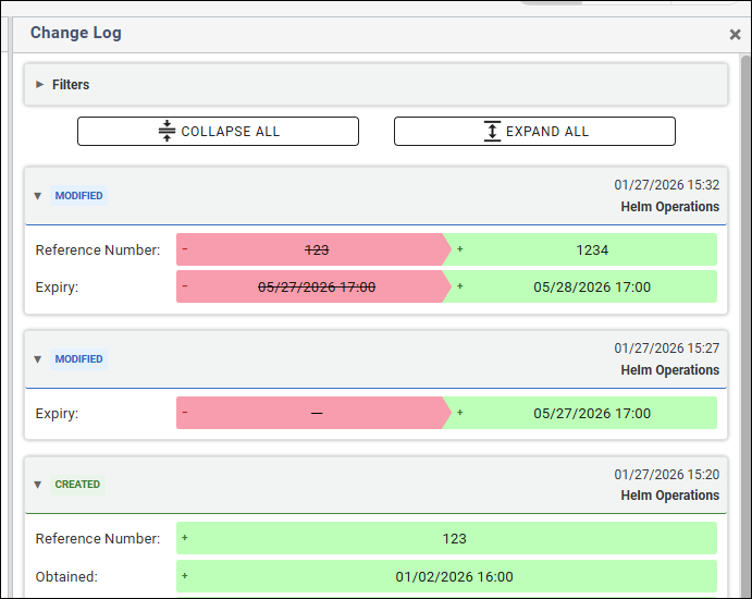 The change log open in the side panel, showing color-coded entries for a created and a modified certification.