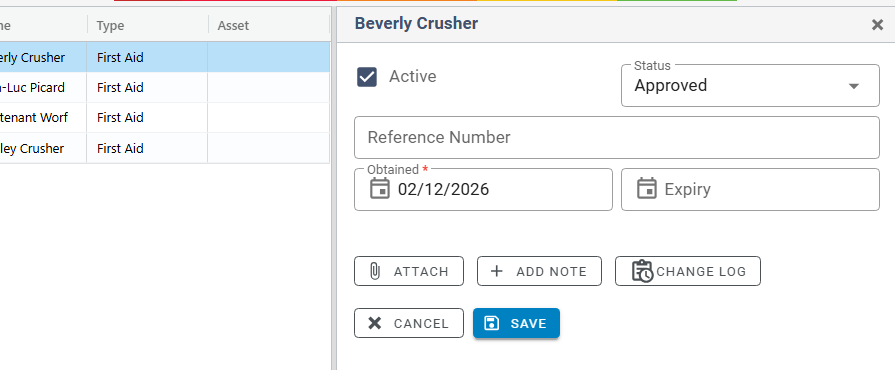 The certification side panel after clicking Renew, with the Obtained and Expiry fields ready for the new dates.