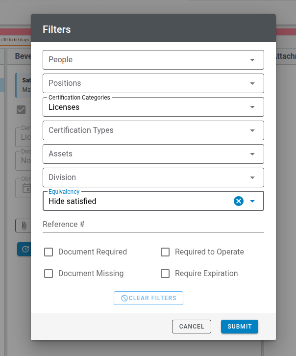 The Filters window with the Equivalency list showing the Hide satisfied and Show only satisfied options.